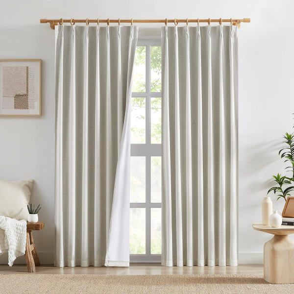 LINEN BLENDED FULL BLACKOUT CURTAINS 96 INCH LONG 2 PANELS SET, PINCH PLEATED (NATURAL)