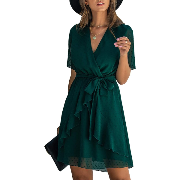 BTFBM WOMEN 2023 FASHION FAUX WRAP V-NECK DRESSES SHORT SLEEVE HIGH WAIST BELT SWING "SMALL"