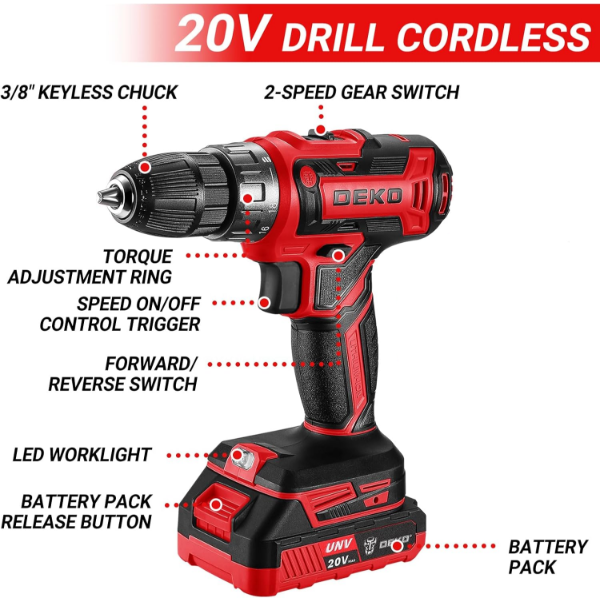 DEKO PRO RED CORDLESS DRILL 20V -N