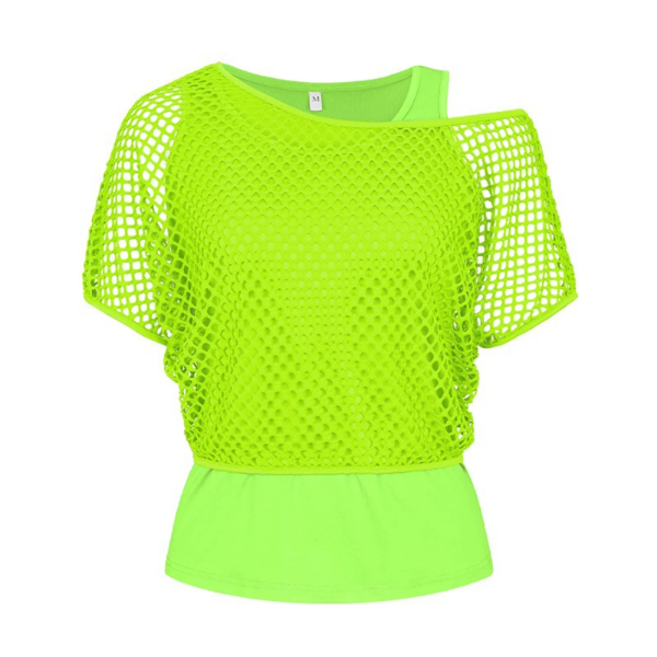 WOMEN 80S T SHIRTS NEON FISHNET MESH TOP OFF SPRING PARTY SHOULDER SIZE XL