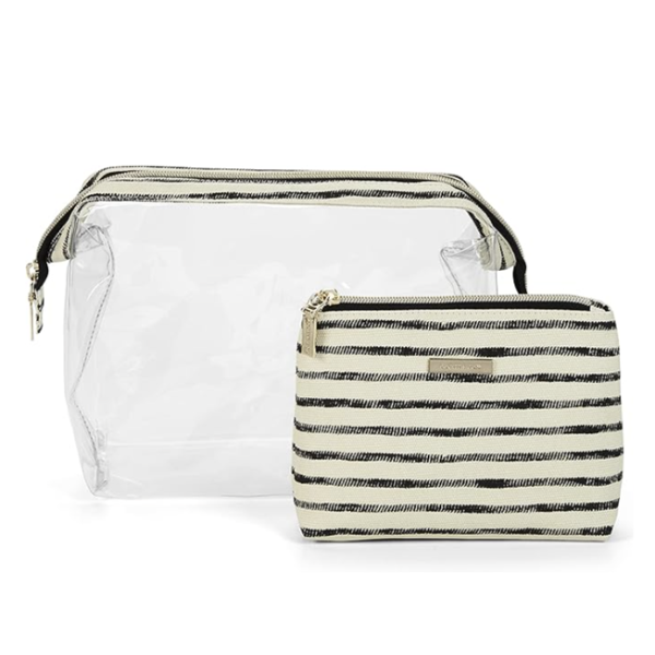 NWT 2 IN 1 SOPHIA JOY COSMETIC TRAVEL BAG SET BLACK AND WHITE STRIPES (NEW)