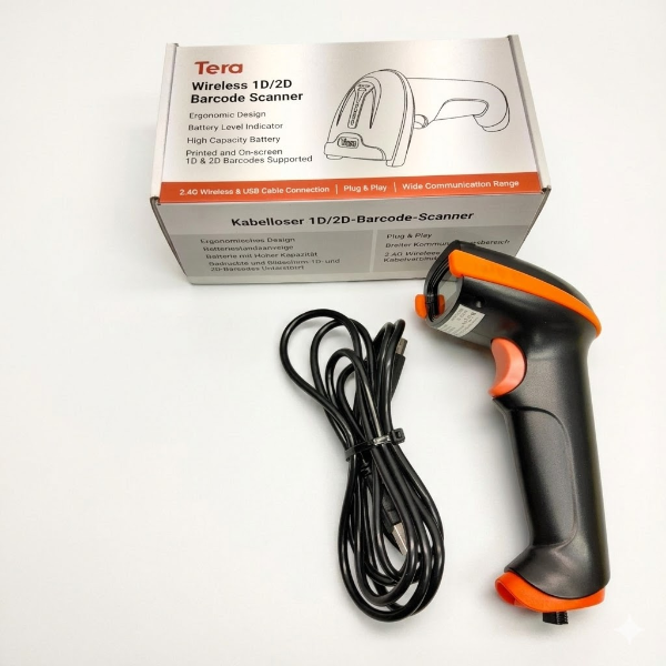 TERA 1D 2D QR BARCODE SCANNER MODEL D5100 ORANGE WIRELESS AND WIRED -N