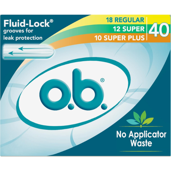 O.B. TAMPONS NO APPLICATOR, FRAGRANCE-FREE - 40CT (18CT REGULAR/12CT SUPER/10CT SUPER PLUS)