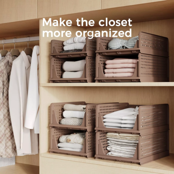 2 PCS PINKPUM STACKABLE PLASTIC STORAGE BASKET, FOLDABLE CLOSET ORGANIZERS