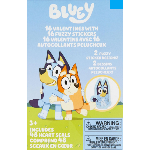 BLUEY VALENTINE CARDS WITH FUZZY STICKERS, MULTI-COLORED, 16 COUNT (NEW)