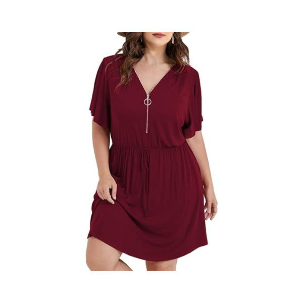 WOMENS PLUS SIZE DRESS ZIPPER V NECK SOLID FLUTTER SHORT SLEEVE "PINK" "XXL"