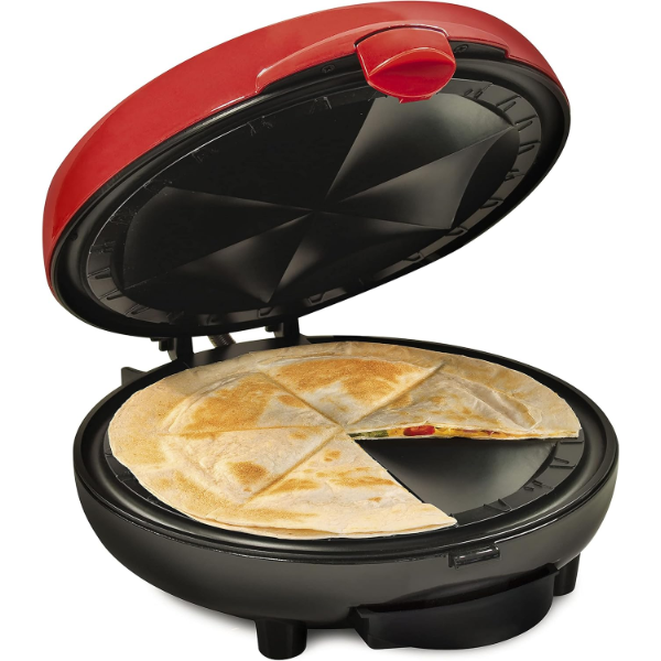 TACO TUESDAY DELUXE 8-INCH 6-WEDGE ELECTRIC QUESADILLA MAKER WITH EXTRA STUFFING LATCH, RED