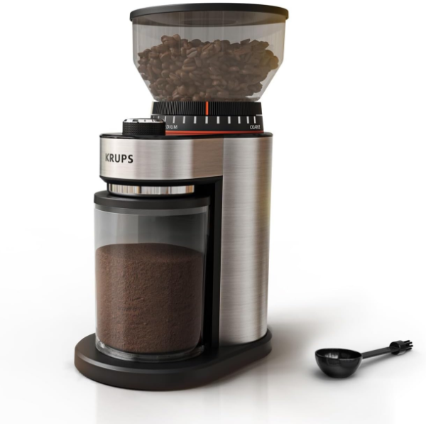 KRUPS FLAT BURR COFFEE GRINDER ELECTRIC, 18 ADJUSTABLE GRIND SETTINGS, 2-20 CUPS PER GRIND, (USED)