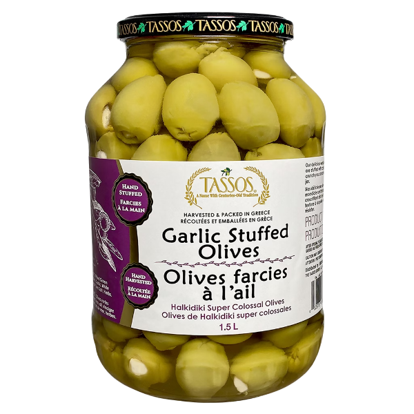 TASSOS GARLIC STUFFED OLIVES 1.5 L BEST BEFORE 11-2027
