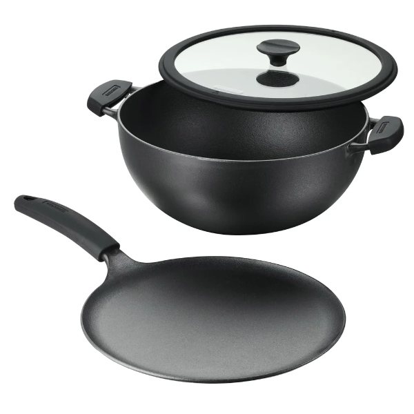 TRAMONTINA CAST IRON DEEP KADAI AND FLAT TAWA COOKWARE SET, 3-PIECES -U