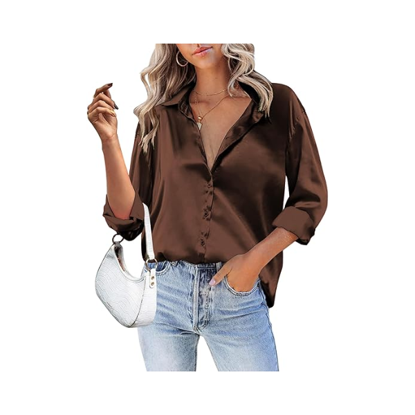 HOTOUCH WOMEN SATIN SILK BUTTON DOWN SHIRT LADIES LONG SLEEVE (XL)