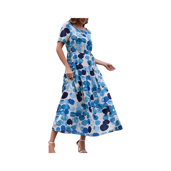 KORMEI WOMEN CASUAL SHORT SLEEVE LOOSE DRAWSTRING BOHEMIAN FLORAL DRESS