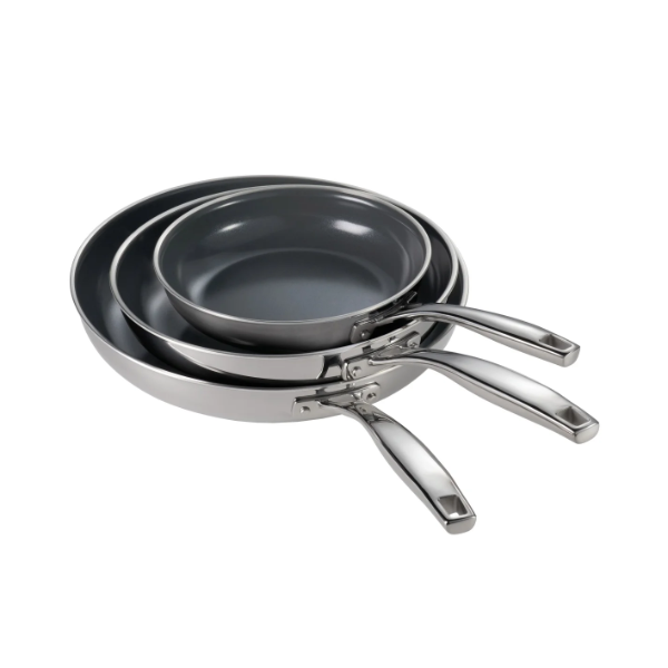 TRAMONTINA STAINLESS STEEL WITH CERAMIC NON-STICK SKILLET SET, 3-PIECE (USED, NO BOX)