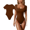 Image 1 : AGSEEM WOMEN'S SQUARE NECK BODYSUIT SHORT SLEEVE (LARGE, BROWN)