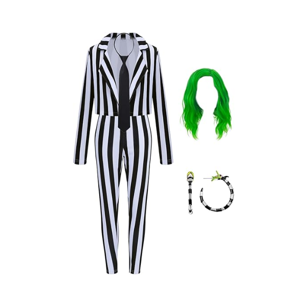 WOMEN'S BLACK AND WHITE STRIPED BLAZER SUIT VERTICAL STRIPE COAT WITH WIG