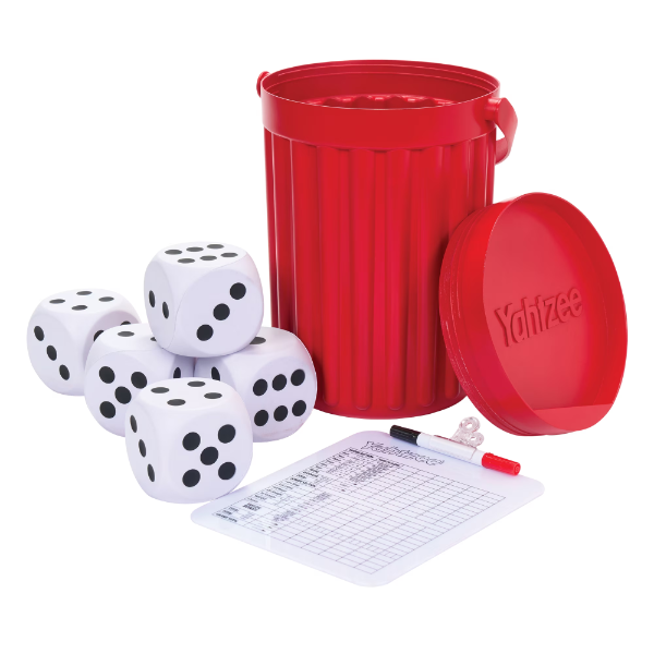 GIANT YAHTZEE – 5 GIANT FOAM DICE, SHAKER BUCKET, AND CLASSIC DRY ERASE SCORECARD WITH MARKER -N