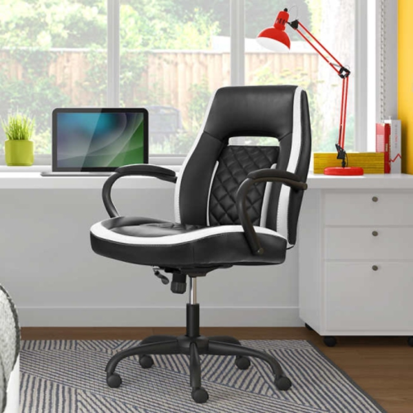QUILTED TASK CHAIR, BLACK WITH WHITE TRIM -SU