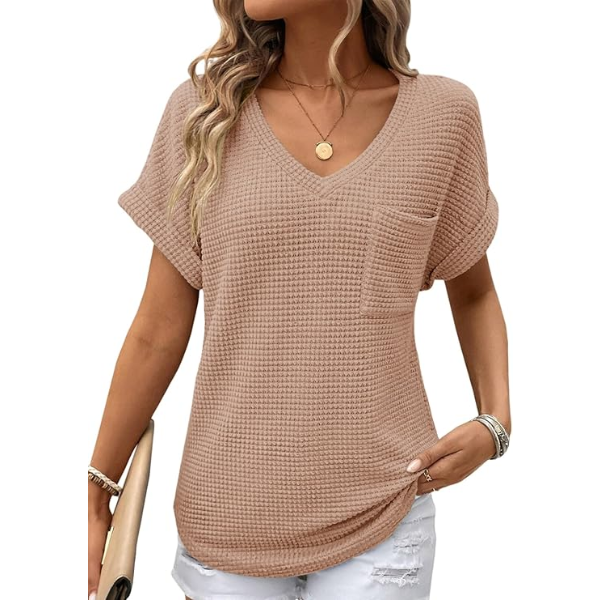 DOKOTOO WOMENS WAFFLE KNIT TOPS 2026 SPRING SUMMER V NECK T SHIRTS CASUAL TRENDY WOMEN'S BLOUSES -N