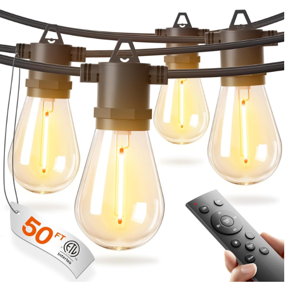 ADDLON 50FT LED OUTDOOR STRING LIGHTS, WATERPROOF DIMMABLE WITH REMOTE -N