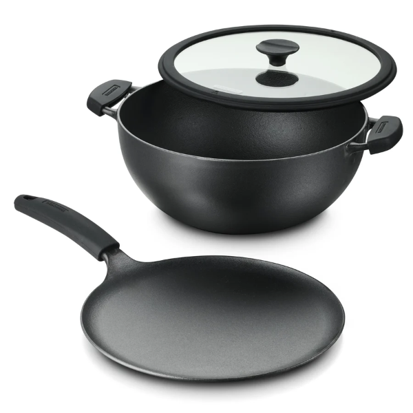  TRAMONTINA CAST IRON DEEP KADAI AND FLAT TAWA COOKWARE SET -U