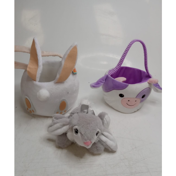 PLUSH EASTER BUNNY BASKET PERSONALIZED EASTER BUCKETS WITH LONG PLUSH EAR 3 PCS (SLIGHTLY USED)
