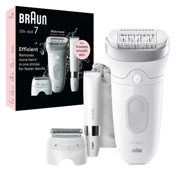 BRAUN SILK-ÉPIL 7 WIDE HEAD WET AND DRY EPILATOR, INCLUDES MINI TRIMMER AND POUCH -N