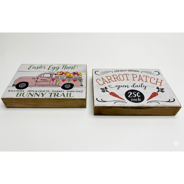 EASTER EGG HUNT VINTAGE TRUCK WOODEN BLOCK SIGN / LOCALLY GROWN - CARROT PATCH -N