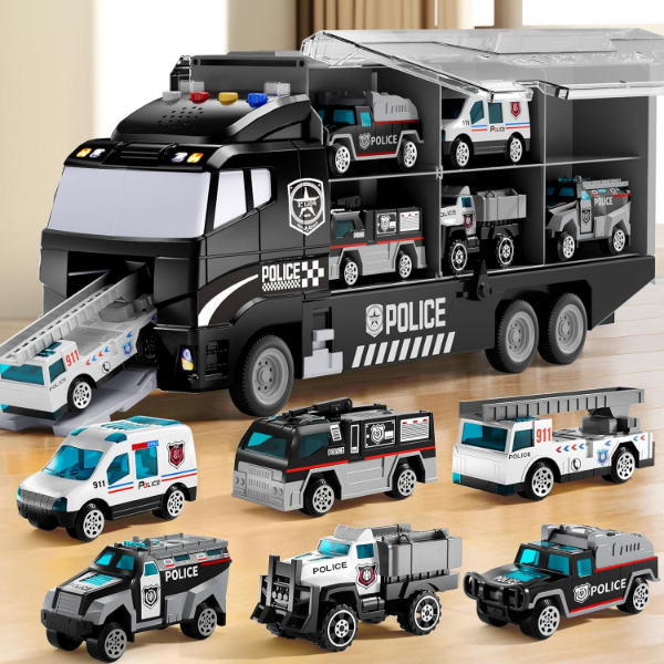 NIPLOOOW TODDLER BOYS TOYS FOR 3 4 5 6 7 8+ YEARS OLD, POLICE TRUCK VEHICLE TOY SET WITH PLAY MAT -N