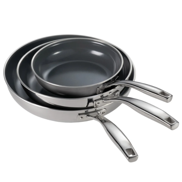 TRAMONTINA STAINLESS STEEL WITH CERAMIC NON-STICK SKILLET SET, 3-PIECE -UNB