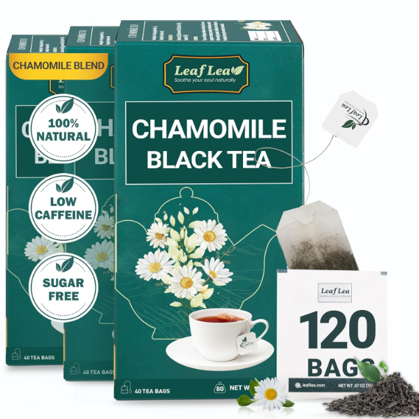 MANZANILLA PREMIUM Y TÉ NEGRO – 120 BOLSAS DE TÉ DE MANZANILLA FLORES PARA RELAJACIÓN