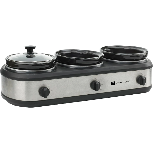CULINARY CHEF SLOW COOKER, BUFFET SERVER 3 POT, FOOD WARMER - STAINLESS (SLIGHTLY USED)