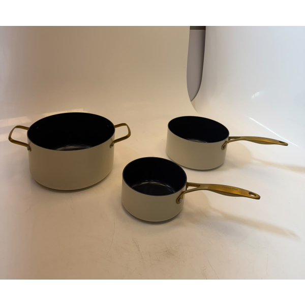 GREENPAN CERAMIC NONSTICK 3-PIECE COOKWARE SET WITH CHAMPAGNE HANDLES | CLOUD CREAM