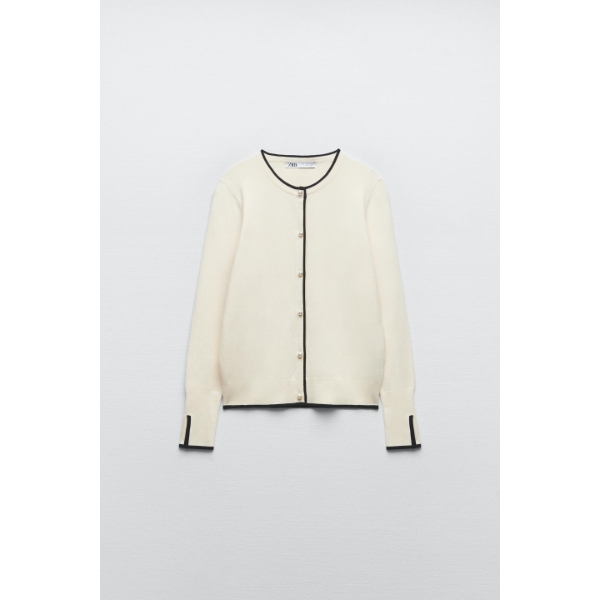 KNIT CARDIGAN WITH FAUX PEARL BUTTON - Ecru | ZARA Singapore