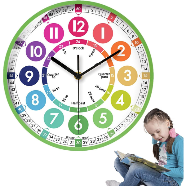 KIDS LEARNING CLOCK - 10 INCH. EDUCATIONAL NON-TICKING TIME. TEACHING CLOCK. (GREEN)
