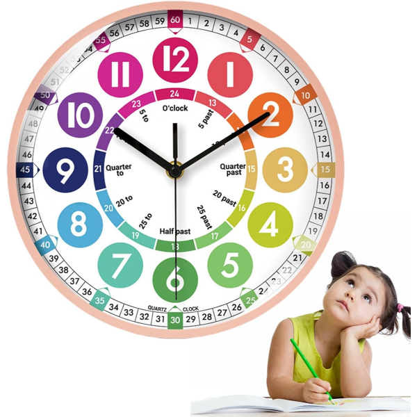 KIDS LEARNING CLOCK - 10 INCH. EDUCATIONAL NON-TICKING TIME. TEACHING CLOCK. (PINK)