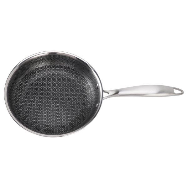 STAINLESS STEEL FRYING PAN WITH HEAT ABSORPTION AND DISTRIBUTION ENHANCEMENT (USED, NO BOX)