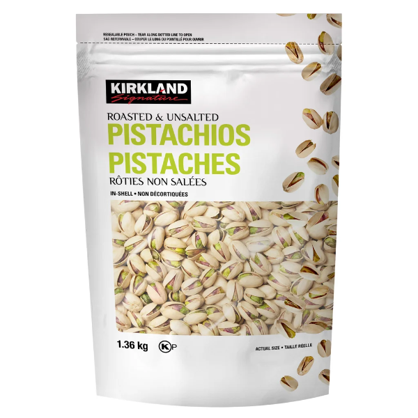 KIRKLAND SIGNATURE ROASTED UNSALTED PISTACHIOS, 1.36 KG (SLIGHTLY USED)