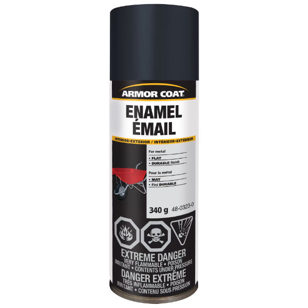 ARMOR COAT ENAMEL SPRAY PAINT GENERAL PURPOSE, INTERIOR AND EXTERIOR USE FLAT BLACK (SLIGHTLY USED)