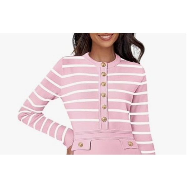 MEROKEETY WOMEN'S LONG SLEEVE STRIPED SWEATER (LARGE)