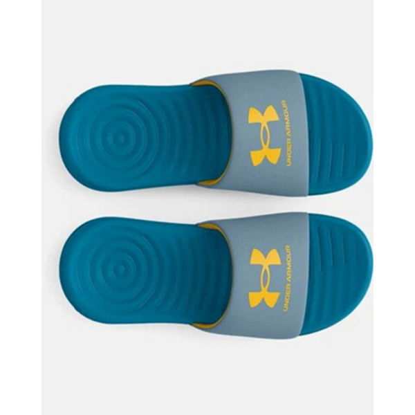 KIDS' UNDER ARMOR FIXED SLIDE SANDAL - BLUE/BLUE GRANITE/TAHOE GOLD.