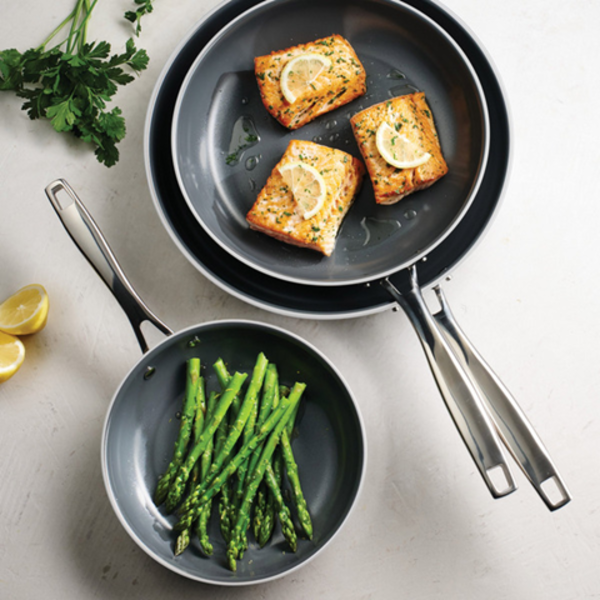 TRAMONTINA 3 PIECE STAINLESS STEEL CERAMIC NON-STICK SKILLET SET -U