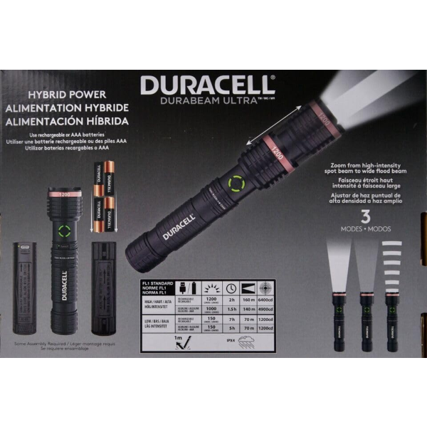 DURACELL DURABEAM ULTRA HYBRID LED FLASHLIGHTS, 1200 LUMENS (USED, MISSING BOTTOM)