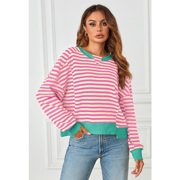 MEROKEETY WOMEN'S STRIPED COLOR BLOCK CROPPED SWEATSHIRTS OVERSIZED CREWNECK LONG SLEEVE SWEATER Y2K