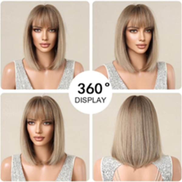 OUFEI OMBRE BLONDE BOB WIG WITH BANGS SHORT STRAIGHT WIG FOR WOMEN SYNTHETIC HAIR WIGS