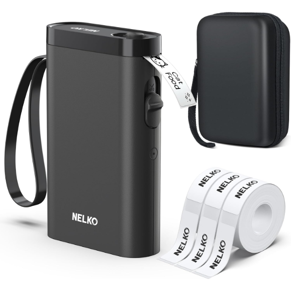NELKO P21 LABEL MAKER MACHINE WITH 3 TAPES AND CASE, LABEL PRINTER, BLACK -N