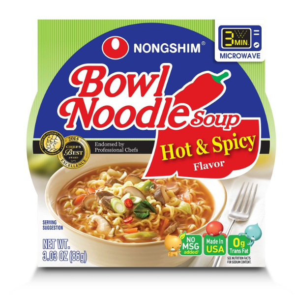 NONGSHIM HOT & SPICY BOWL NOODLE SOUP (3.03 OUNCE CUP, 18 COUNT)