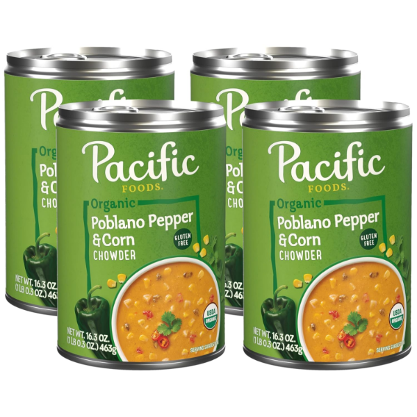 PACIFIC FOODS ORGANIC POBLANO PEPPER AND CORN CHOWDER, 16.3 OZ CAN (PACK OF 4)
