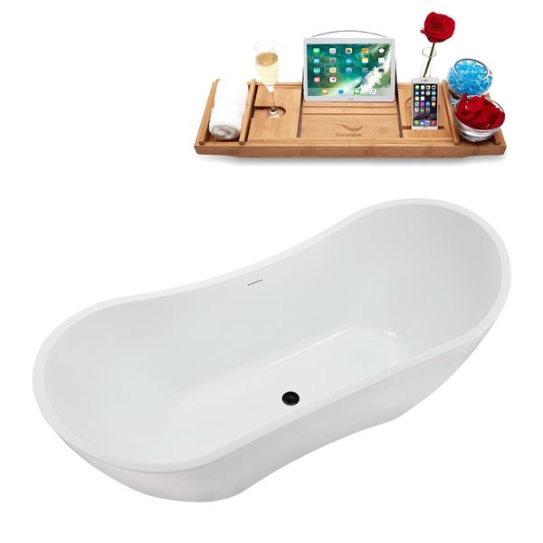STREAMLINE GLOSSY WHITE ACRYLIC OVAL FREESTANDING BATHTUB W/ MATTE BLACK CENTER DRAIN AND TRAY -U