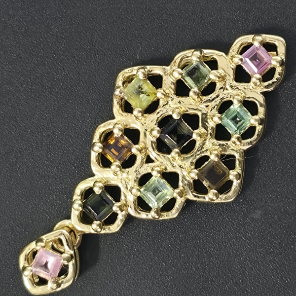 CHECKERBOARD MULTI-COLOR TOURMALINE CLUSTER GOLD PLATED PENDANT