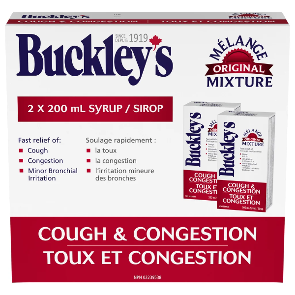 BUCKLEY'S ORIGINAL MIXTURE SYRUP FOR COUGH AND CONGESTION RELIEF, 2 X 200 ML